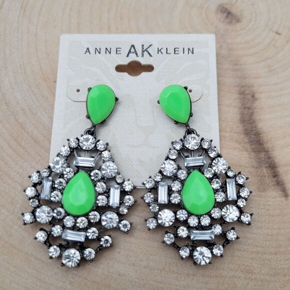 Brand New Anne Klein Green & Silver Rhinestone Earrings - Picture 1 of 7